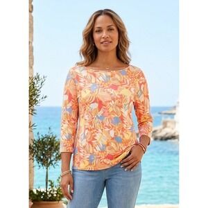 Talbots Tropical Floral 3/4 Sleeve Boat Neck Top Women's M Beach Coastal NWT